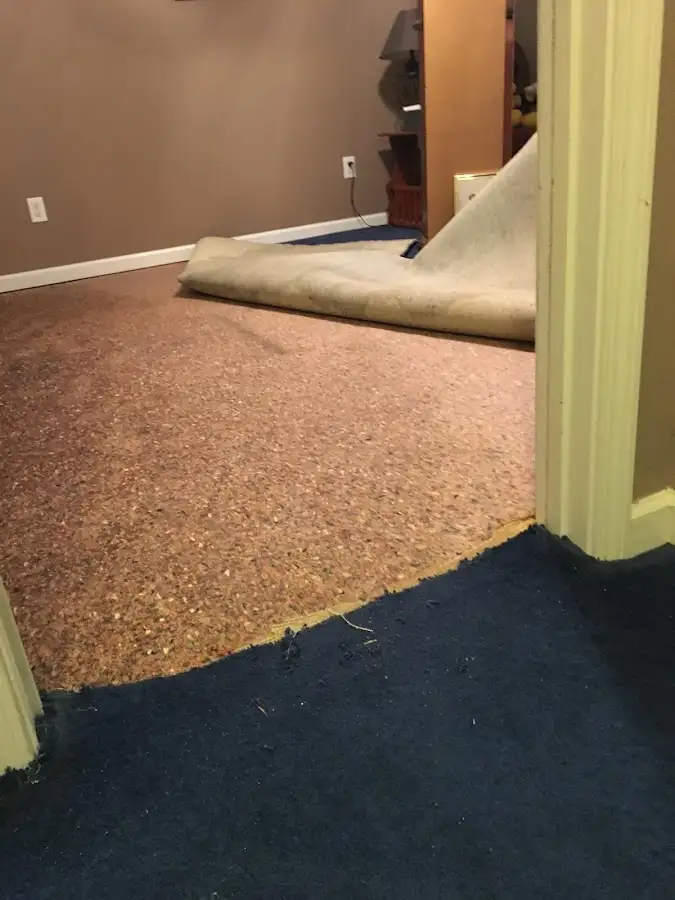 Carpet pad removal revealing water damage during Water Mitigation Services in Liberty Triangle
